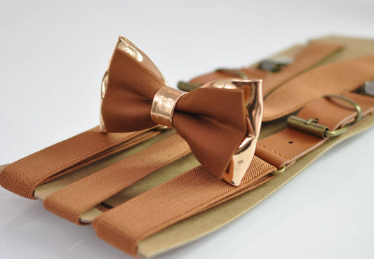 Tan Brown Cotton and Rose Gold Leather Bow tie + matched Elastic Leather Suspenders Braces for Men / Youth / Boys Kids / Baby Infant Toddler