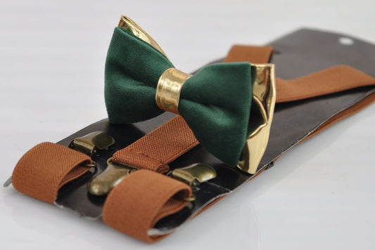 Emerald Green Hunter Green Velvet Gold Leather Bow tie + Tan Brown Elastic Suspenders Braces Men / Youth / Boys Kids / Baby Infant Toddler