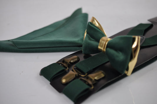 Emerald Green Velvet Gold Leather Bow tie + Suspenders Braces + Pocket Square Hanky Handkerchief for Men / Youth / Boys Kids / Baby Infant