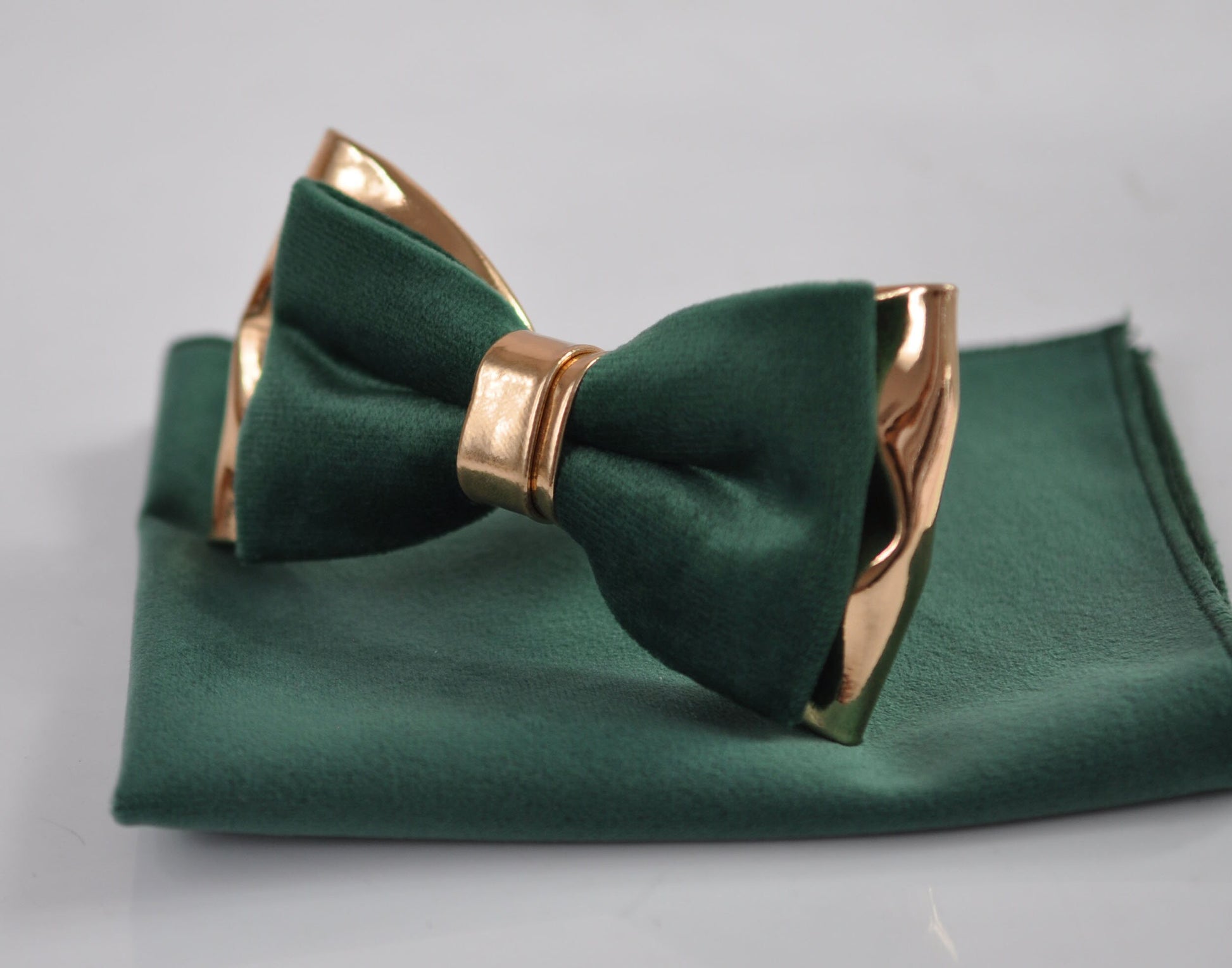 Emerald Green Velvet Rose Gold Leather Bow tie + Suspenders Braces + Pocket Square Handkerchief for Men / Youth / Boys Kids / Baby Infant