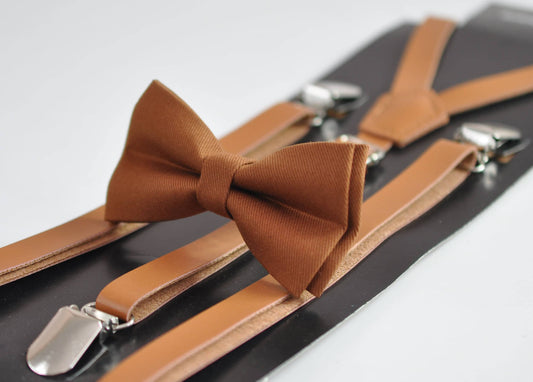 Tan Toffee Brown Cotton Bow tie + Tan Faux Leather Adjustable Suspenders Braces for Baby infant Toddler / Boy Kids / Youth Teenage