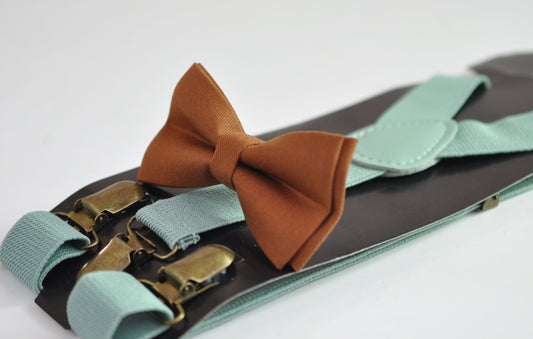 Tan Brown Cotton Bow tie Bowtie + Sage Green Elastic Suspenders Braces for Men / Youth Teenage/ Boys Kids / Baby Infant Toddler