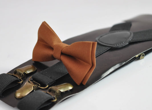 Tan Brown Cotton Bow tie Bowtie + Black Elastic Suspenders Braces for Men / Youth Teenage/ Boys Kids / Baby Infant Toddler