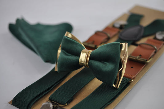 Emerald Green Velvet Gold Leather Bow tie + Suspenders Braces + Pocket Square Hanky Handkerchief for Men / Youth / Boys Kids / Baby Infant