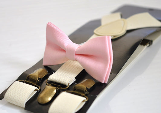 Baby Pink Light Pink Cotton Bow tie Bowtie + Ivory Cream Elastic Suspenders Braces for Men / Youth Teenage/ Boys Kids / Baby Infant Toddler