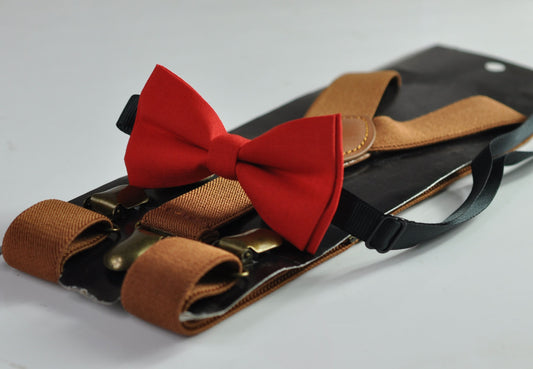 Red Cotton Bow tie Bowtie + Tan Brown Elastic Suspenders Braces for Men / Youth Teenage/ Boys Kids / Baby Infant Toddler