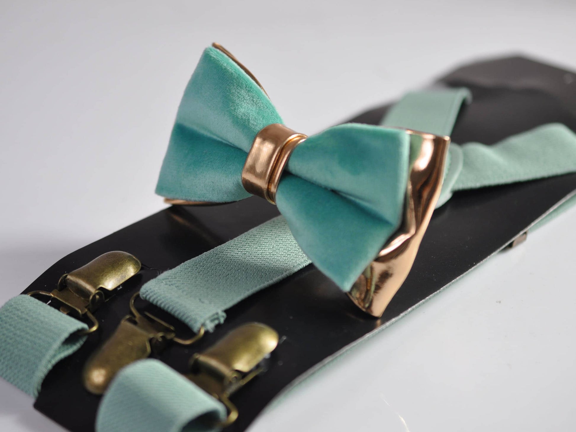 Sage Green Velvet Rose Gold Leather Bow tie + Elastic Suspenders Braces Men / Youth / Boys Kids / Baby Infant Toddler
