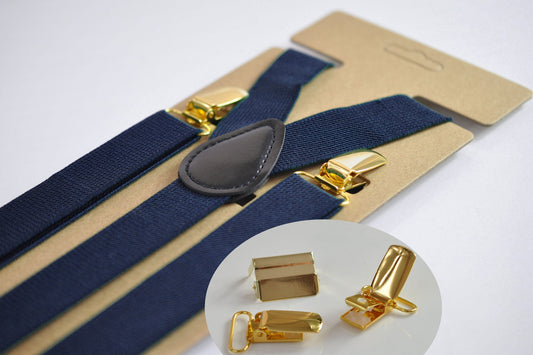 Navy Blue Dark Blue 25MM Elastic Y-Back Suspenders Braces Gold Golden Metal Clips for Men Adult / Youth / Kids Boy /Toddler Baby Infant