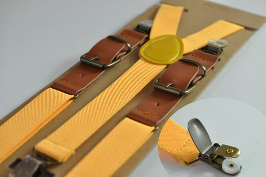 25mm Wide Yellow Elastic Tan Faux Leather Adjustabale Suspenders Braces for Men / Youth / Boy Kids / Infant Toddler Baby