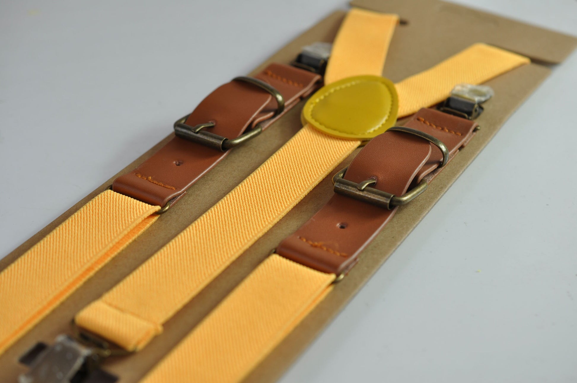 25mm Wide Yellow Elastic Tan Faux Leather Adjustabale Suspenders Braces for Men / Youth / Boy Kids / Infant Toddler Baby
