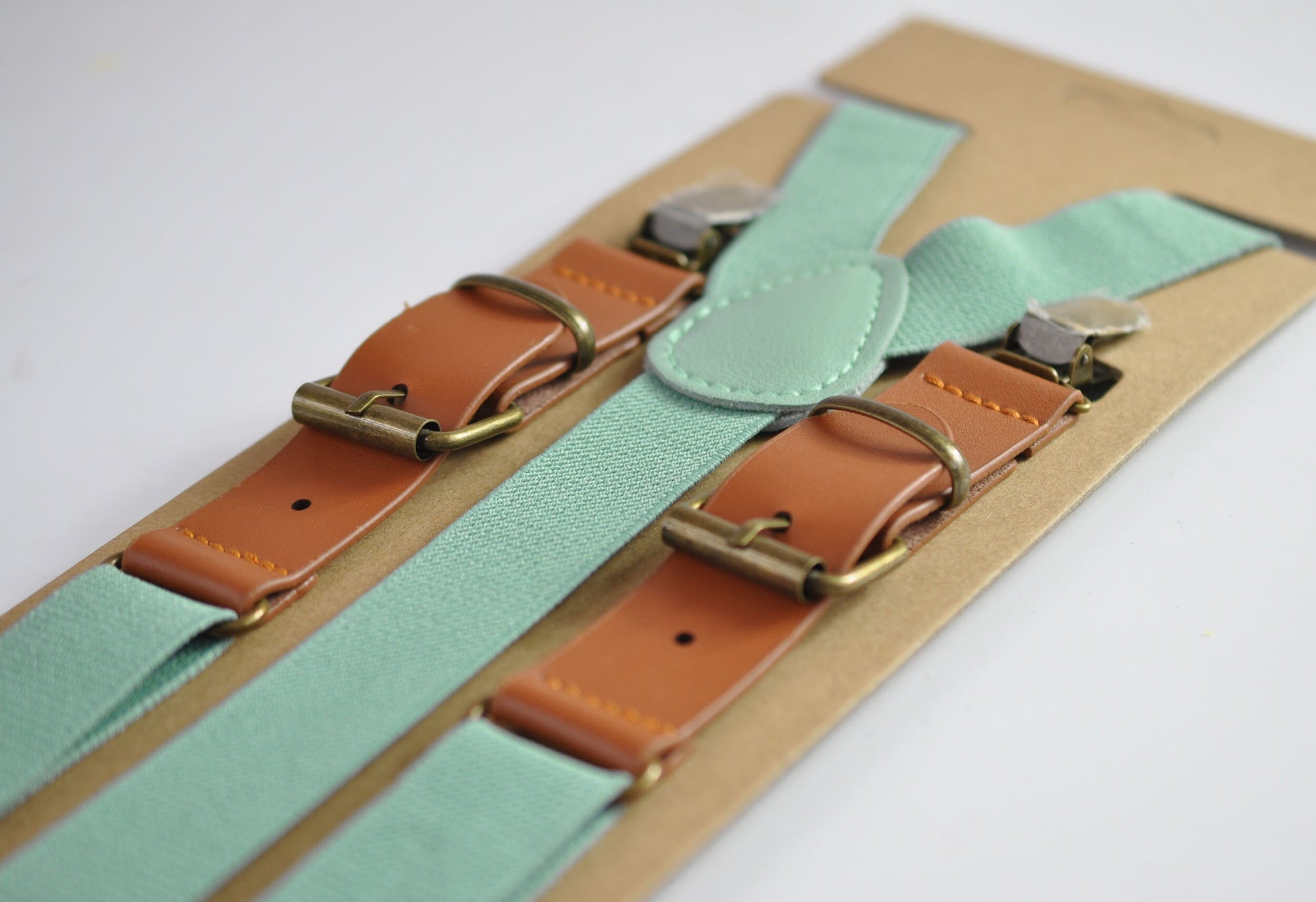 25mm Wide Dusty Sage Green Elastic Tan Faux Leather Adjustabale Suspenders Braces for Men / Youth / Boy Kids / Infant Toddler Baby