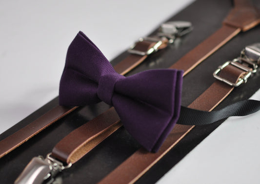 Eggplant Purple Dark Violet Purple Pretied Cotton Bow tie + Brown Leather Suspenders for Baby infant toddler / Kids Boy / Youth Teenage