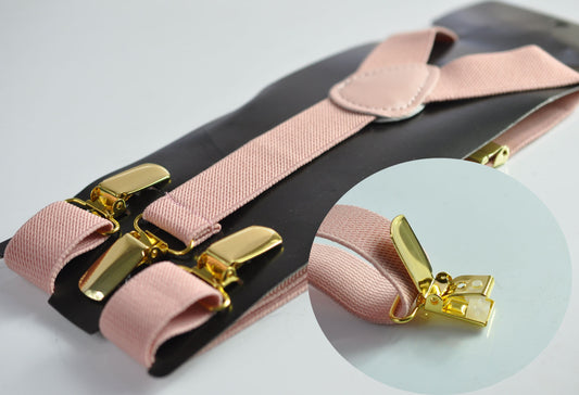 Dusty Rose Pink Blush Pink 25MM Elastic Y-Back Suspenders Braces Gold Golden Metal Clips for Men / Youth / Kids Boy /Toddler Baby Infant