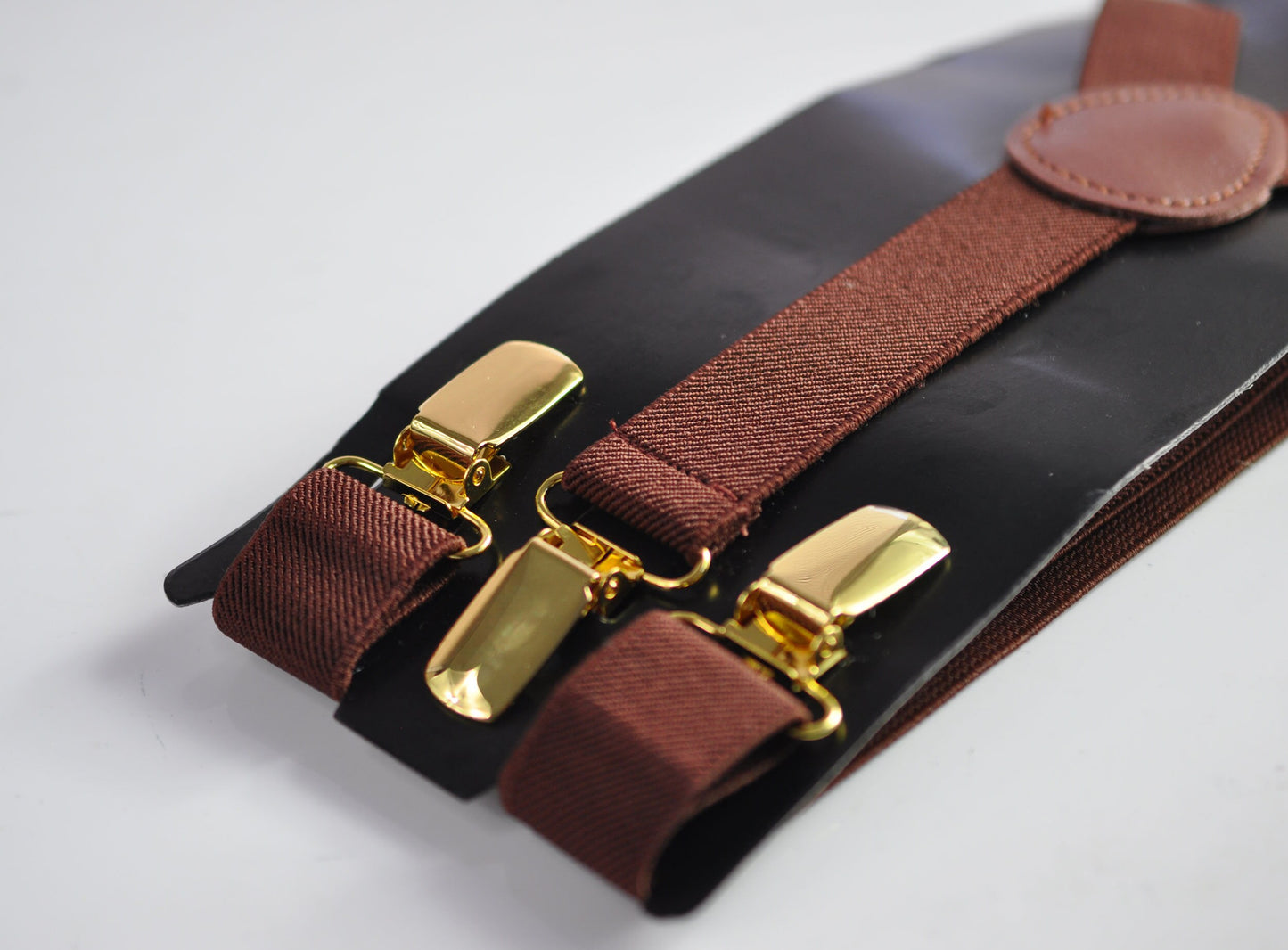 Brown 25MM Elastic Y-Back Suspenders Braces Gold Golden Metal Clips for Men Adult / Youth / Kids Boy /Toddler Baby Infant