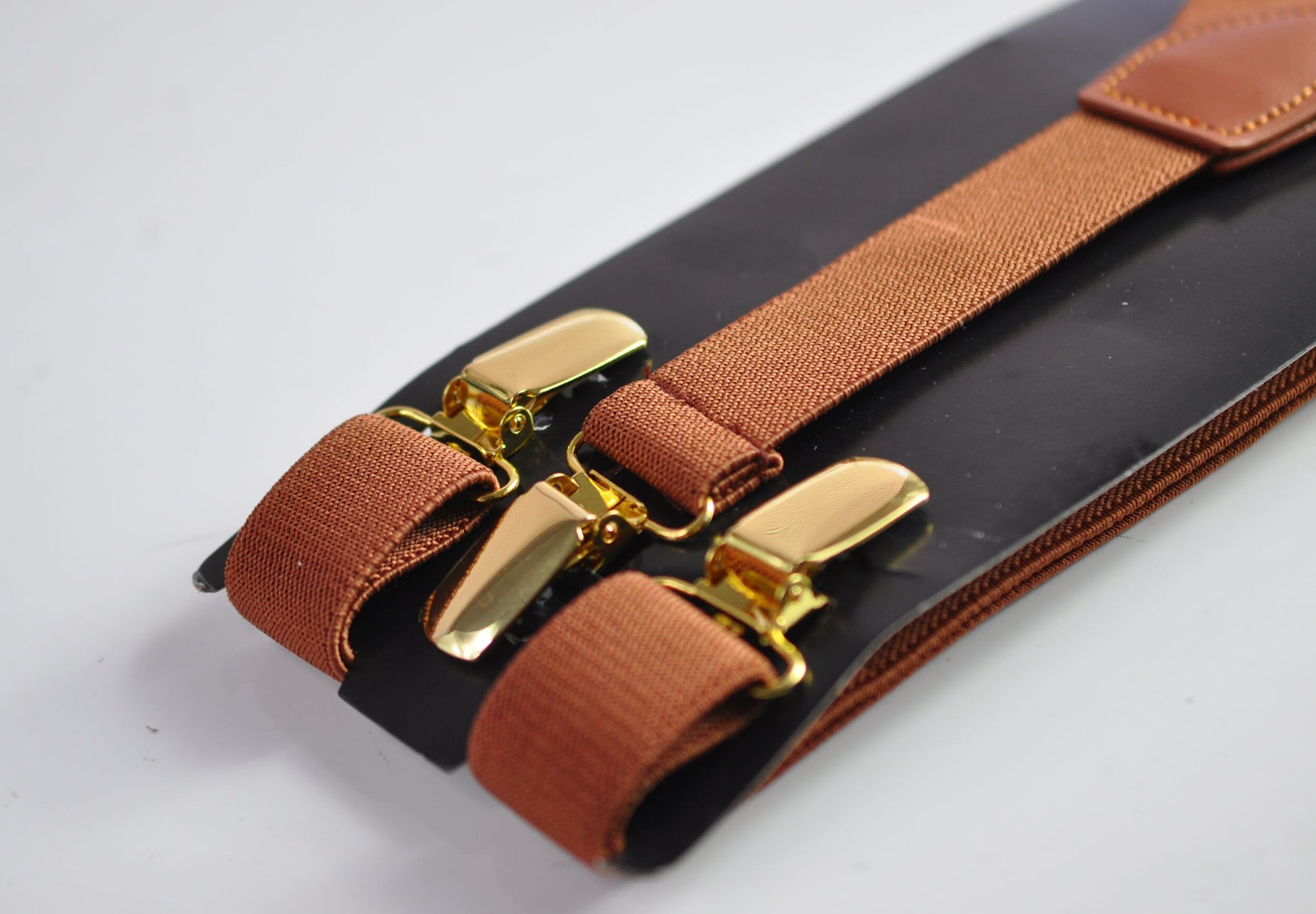 Tan Brown 25MM Elastic Y-Back Suspenders Braces Gold Golden Metal Clips for Men Adult / Youth / Kids Boy /Toddler Baby Infant