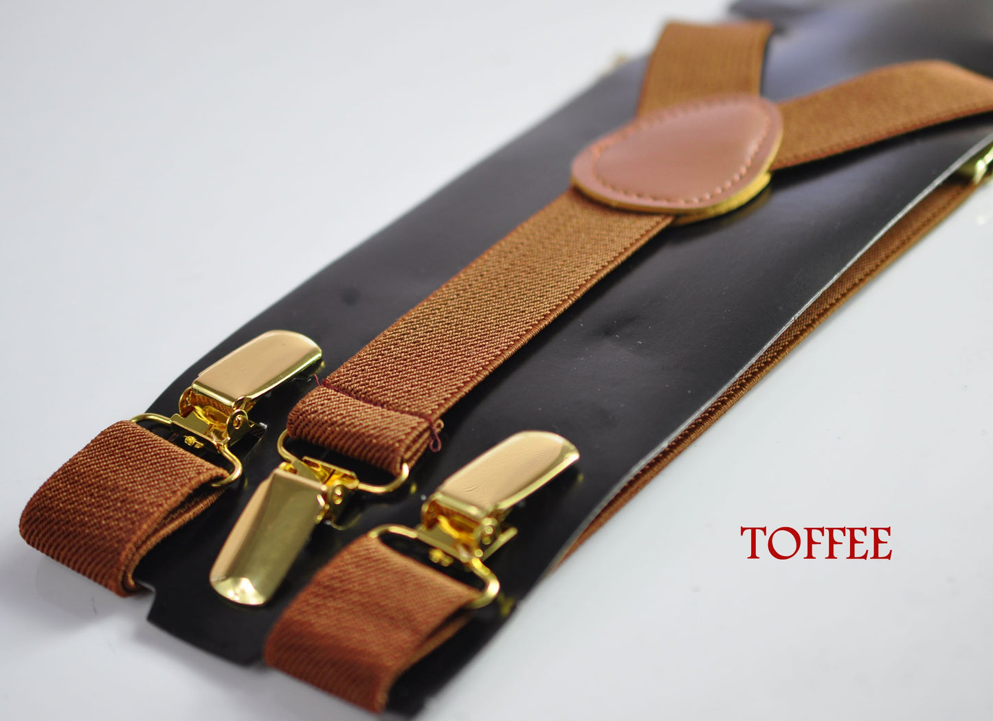 Toffee Tan Brown 25MM Elastic Y-Back Suspenders Braces Golden Gold Color Clips for Men Adult / Youth Teenage / Kids Boy /Toddler Baby Infant