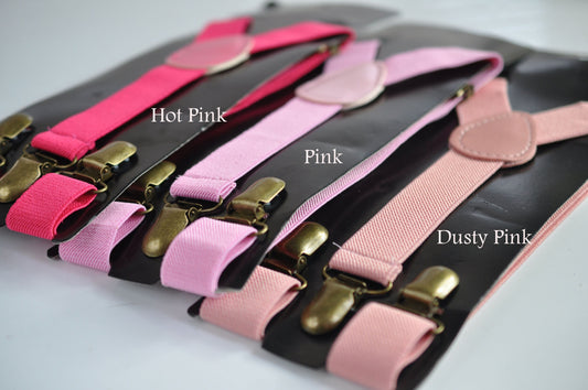 Hot Pink / Pink / Dusty Pink 25MM Elastic Y-Back Suspenders Braces Bronze Metal Clips for Men / Youth / Kids Boy /Toddler Baby Infant