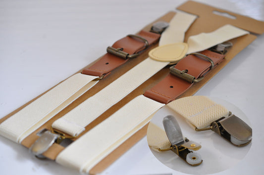 25mm Wide Off-White Ivory Cream Elastic Tan Faux Leather Adjustabale Suspenders Braces for Men / Youth / Boy Kids / Infant Toddler Baby