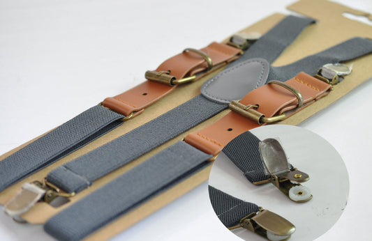 25mm Wide Dark Grey Gray Elastic Tan Faux Leather Adjustabale Suspenders Braces for Men / Youth / Boy Kids / Infant Toddler Baby