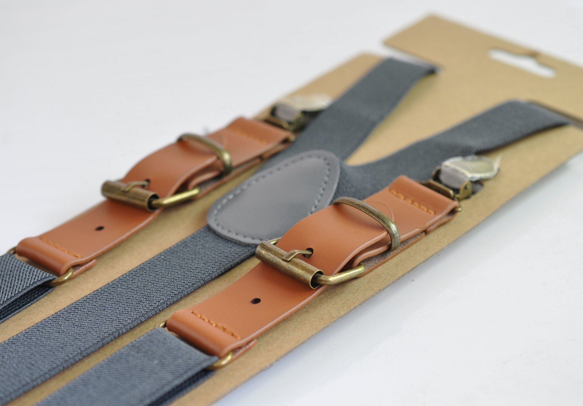 25mm Wide Dark Grey Gray Elastic Tan Faux Leather Adjustabale Suspenders Braces for Men / Youth / Boy Kids / Infant Toddler Baby