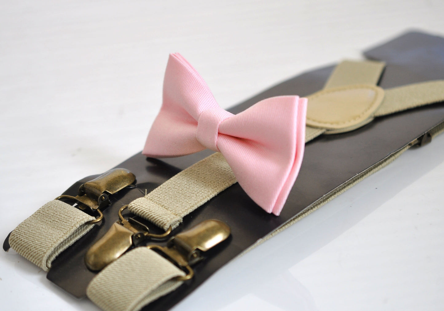 Baby Pink Light Pink Cotton Bow tie Bowtie + Khaki Beige Elastic Suspenders Braces for Men / Youth Teenage/ Boys Kids / Baby Infant Toddler
