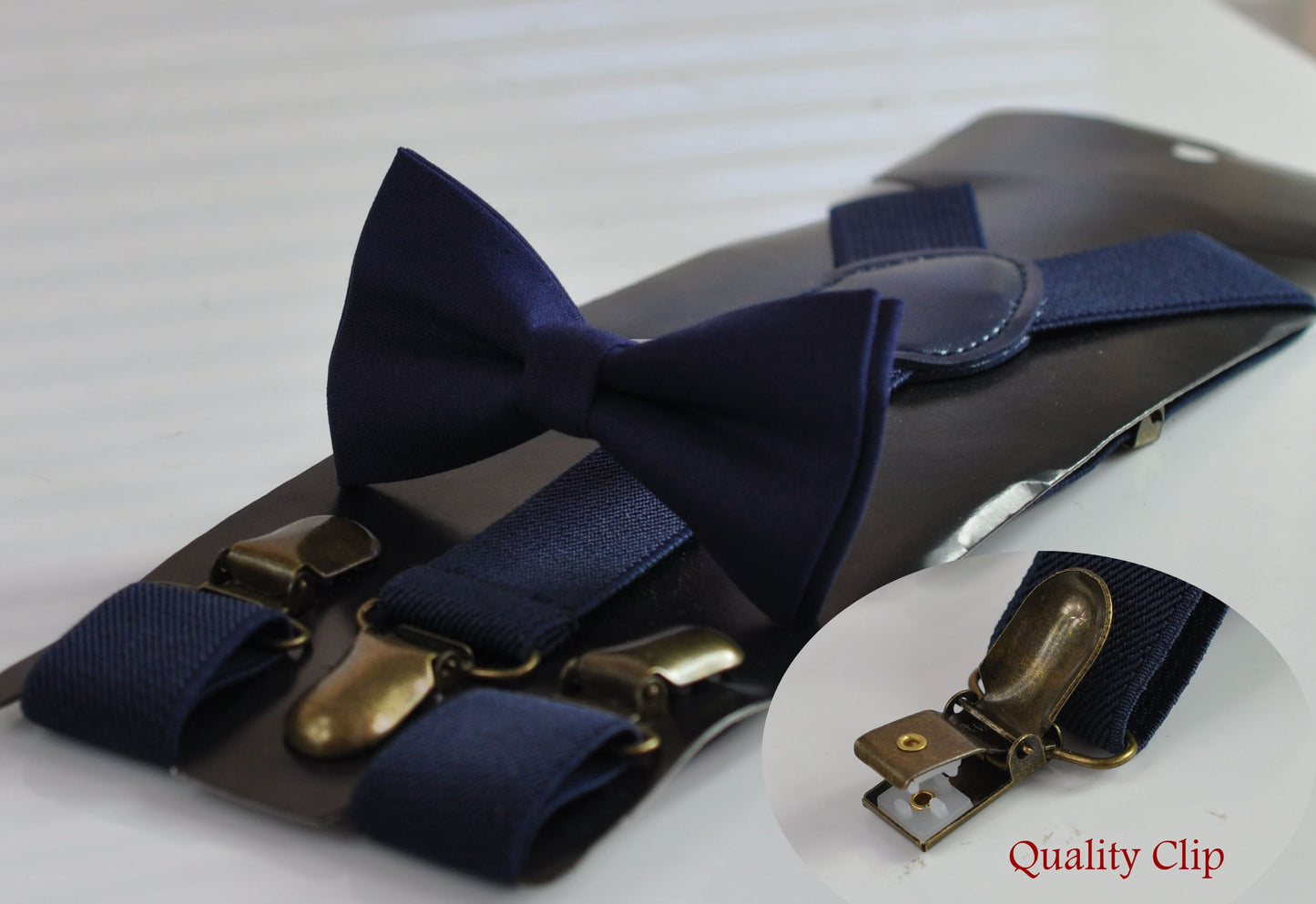 Junior Navy Blue Cotton Bow tie Bowtie + matched Elastic Suspenders Braces for Men / Youth Teenage/ Boys Kids / Baby Infant Toddler