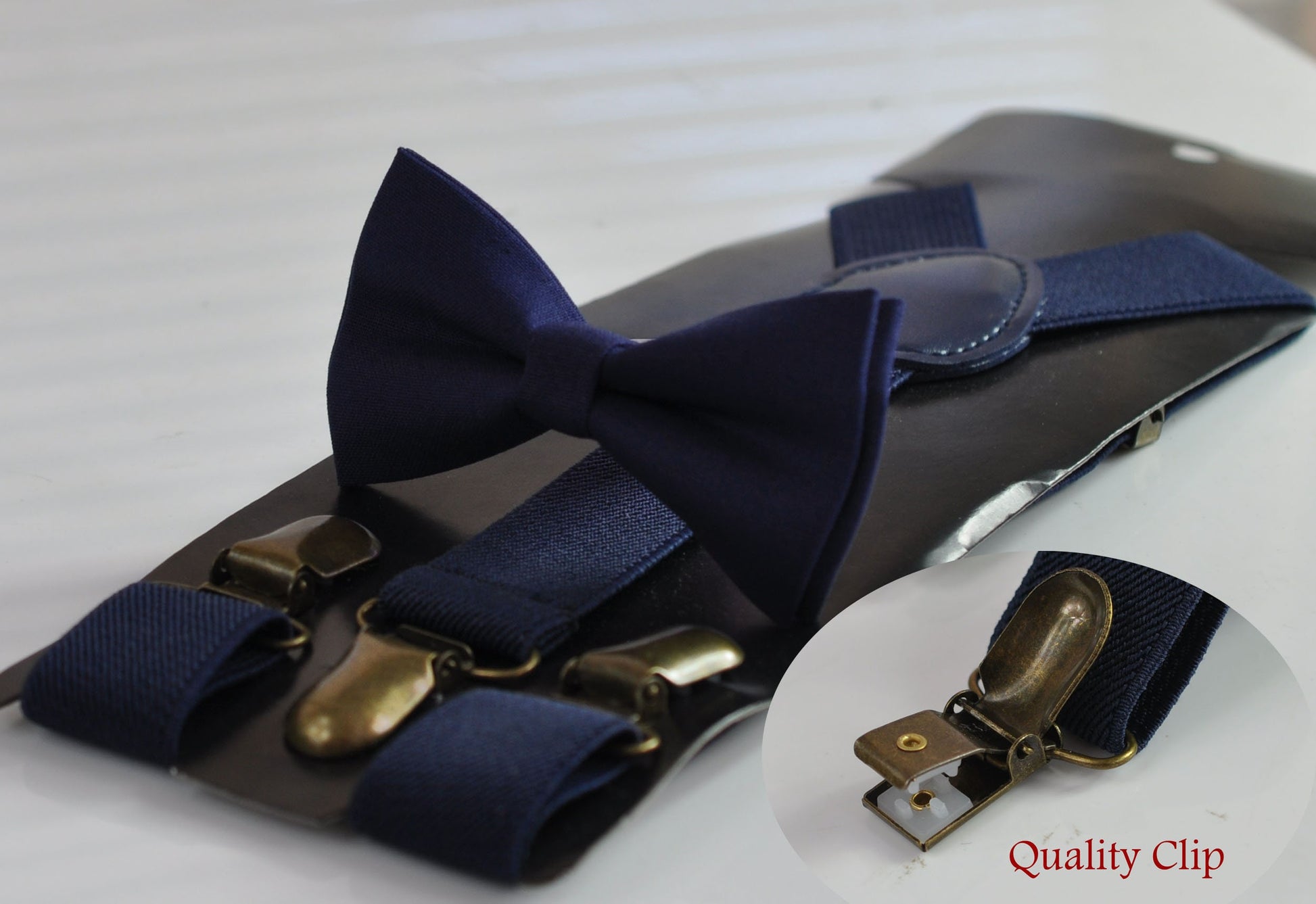 Junior Navy Blue Cotton Bow tie Bowtie + matched Elastic Suspenders Braces for Men / Youth Teenage/ Boys Kids / Baby Infant Toddler