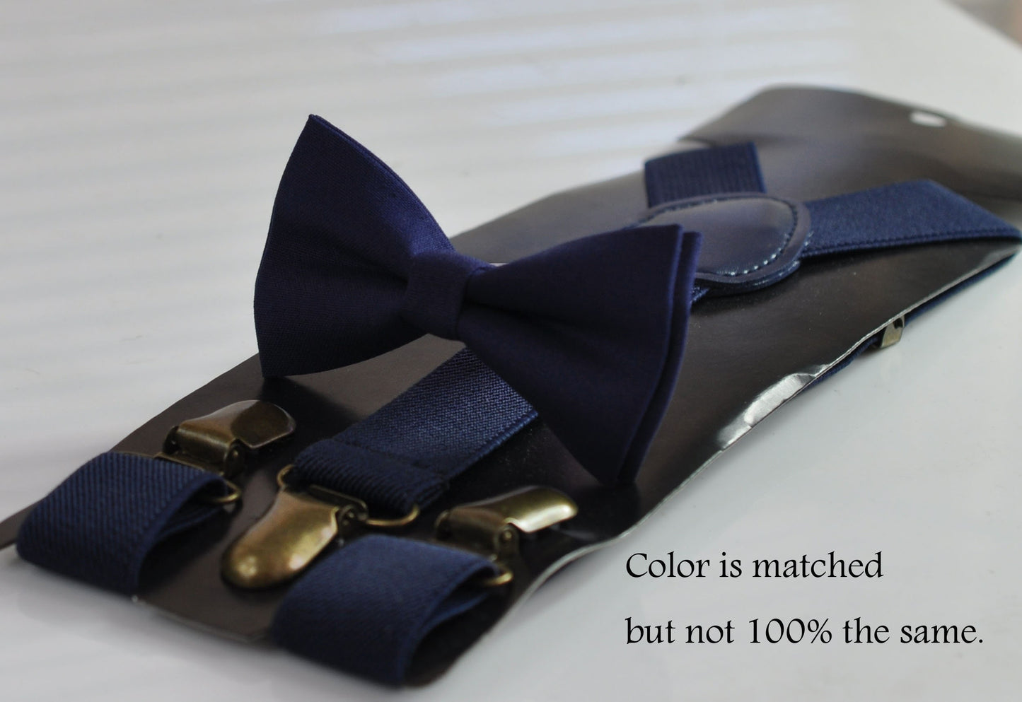Junior Navy Blue Cotton Bow tie Bowtie + matched Elastic Suspenders Braces for Men / Youth Teenage/ Boys Kids / Baby Infant Toddler