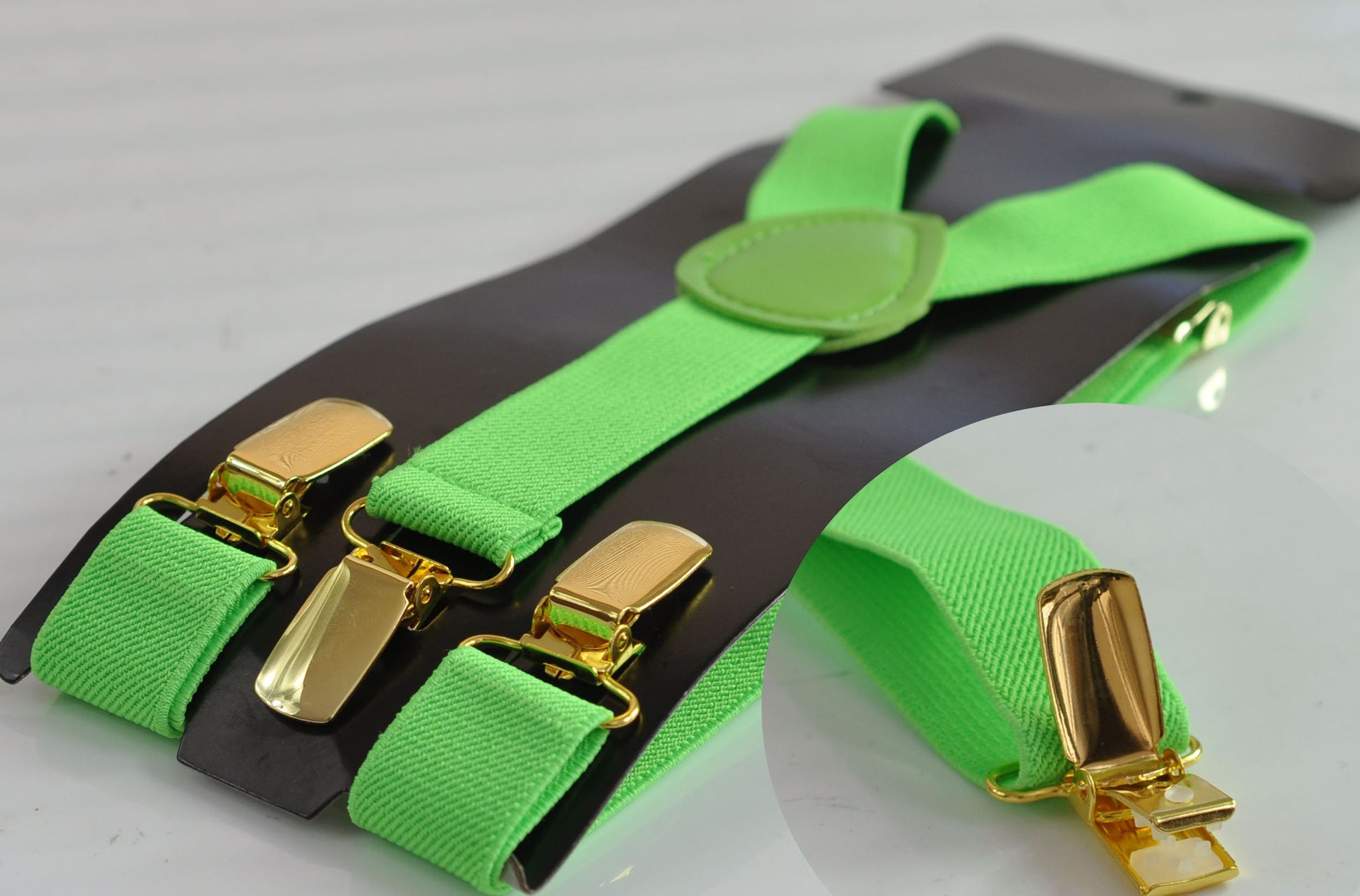 Lime Green Bright Green 25MM Elastic Y-Back Suspenders Braces Gold Golden Metal Clips for Men Adult / Youth / Kids Boy /Toddler Baby Infant