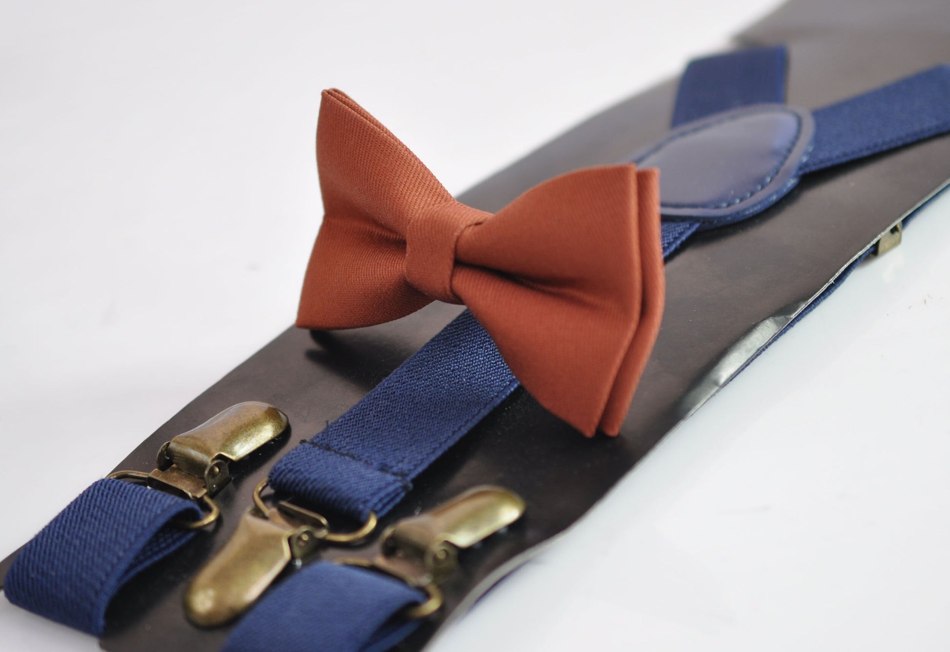 Rust Rusty Redish Brown Cotton Bow tie Bowtie + Navy Blue Elastic Suspenders Braces for Men / Youth Teenage/ Boys Kids / Baby Infant Toddler