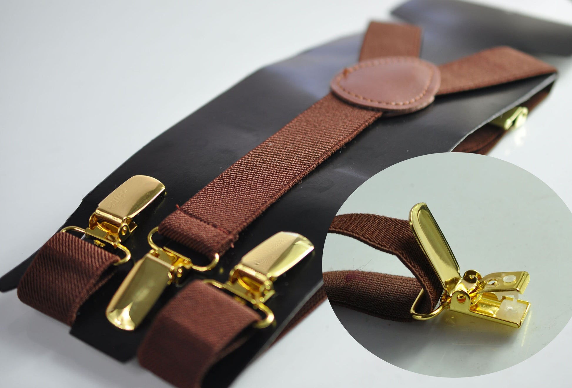 Brown 25MM Elastic Y-Back Suspenders Braces Gold Golden Metal Clips for Men Adult / Youth / Kids Boy /Toddler Baby Infant