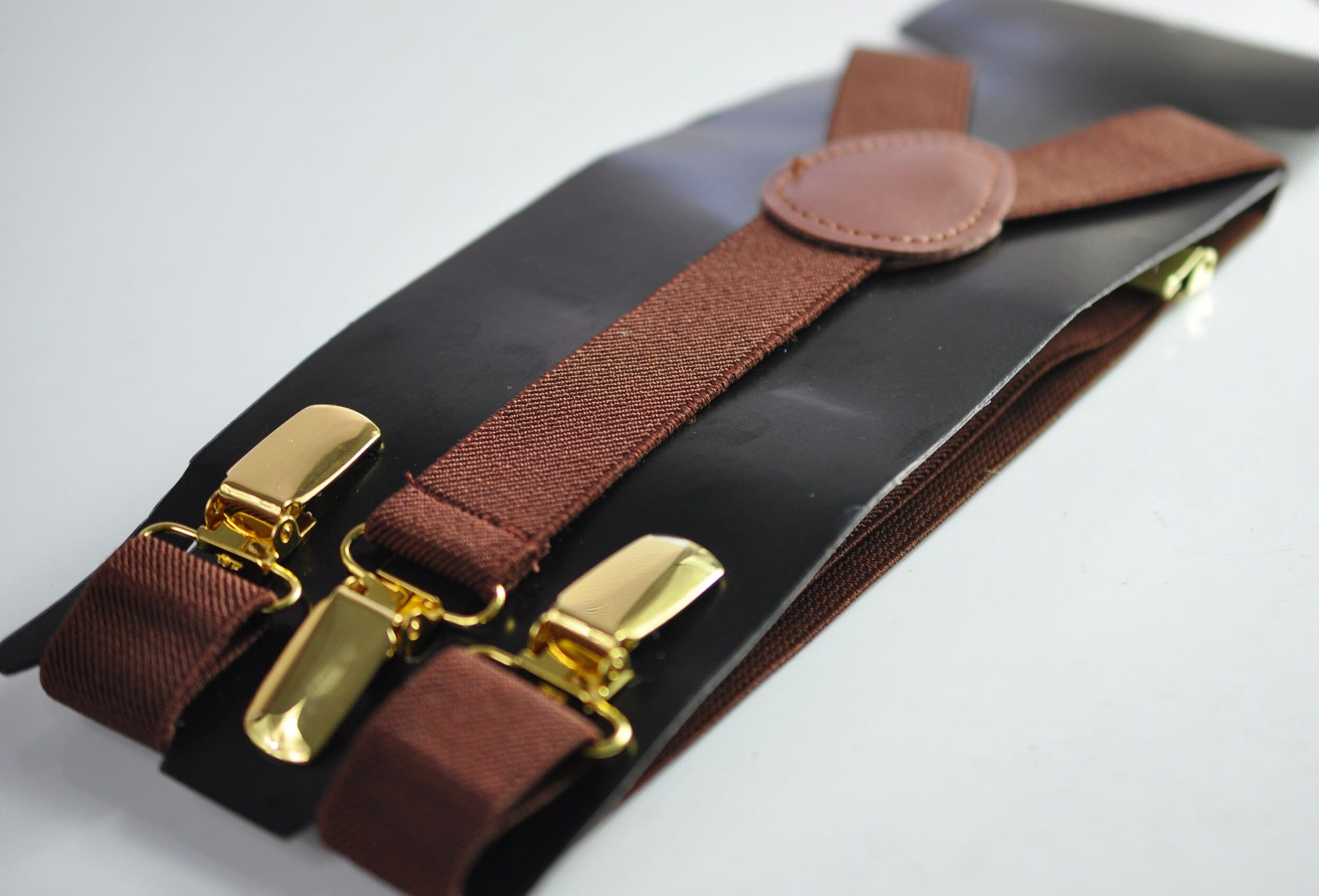 Brown 25MM Elastic Y-Back Suspenders Braces Gold Golden Metal Clips for Men Adult / Youth / Kids Boy /Toddler Baby Infant