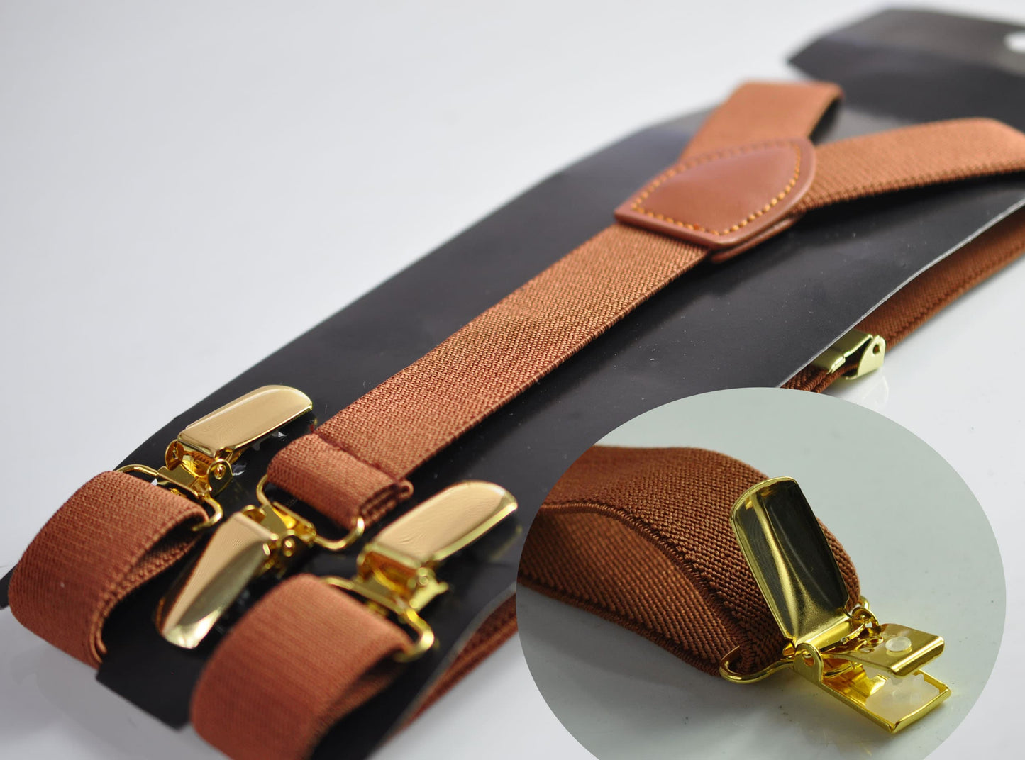 Tan Brown 25MM Elastic Y-Back Suspenders Braces Gold Golden Metal Clips for Men Adult / Youth / Kids Boy /Toddler Baby Infant