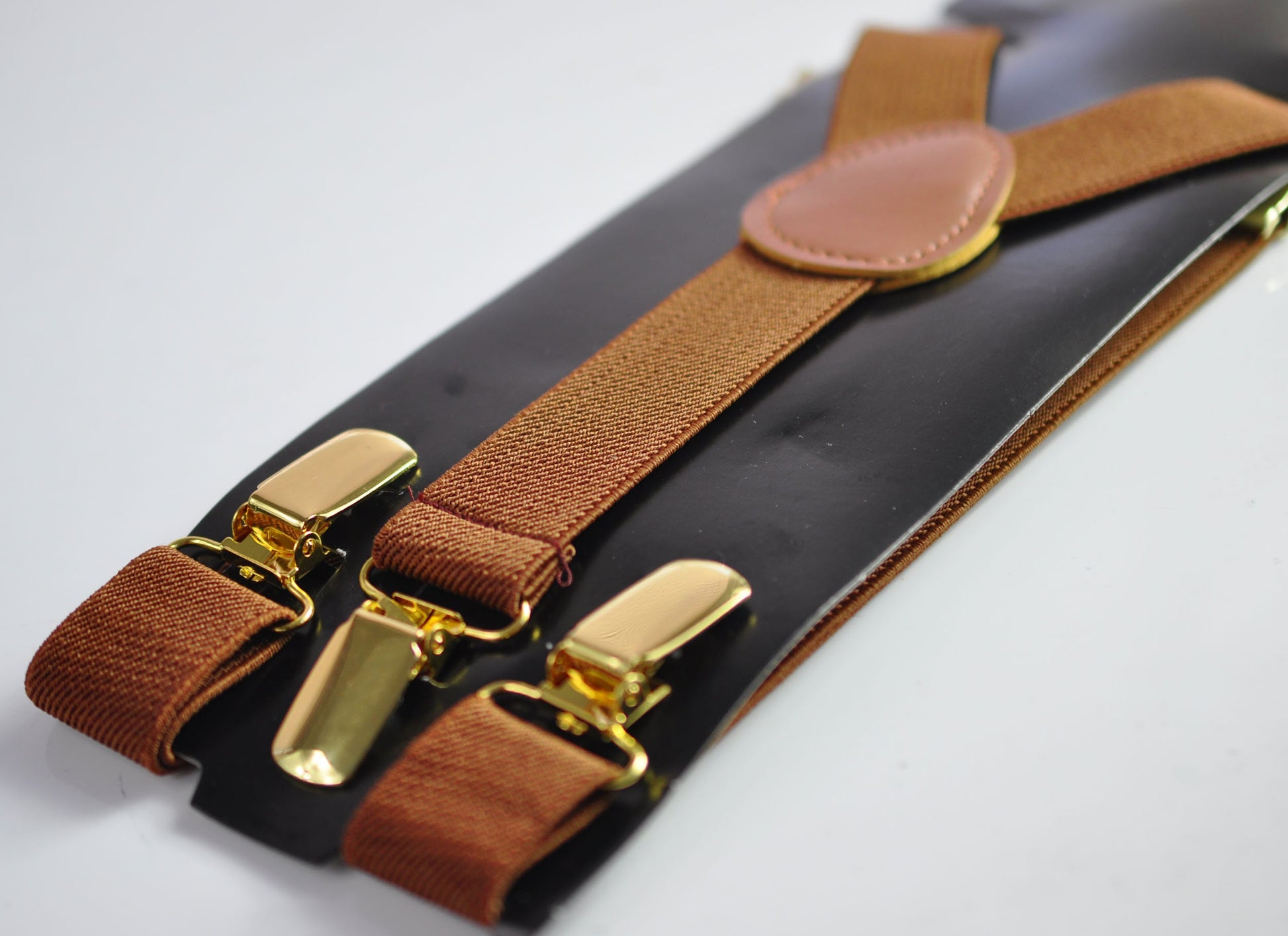 Toffee Brown 25MM Elastic Y-Back Suspenders Braces Gold Golden Metal Clips for Men Adult / Youth / Kids Boy /Toddler Baby Infant