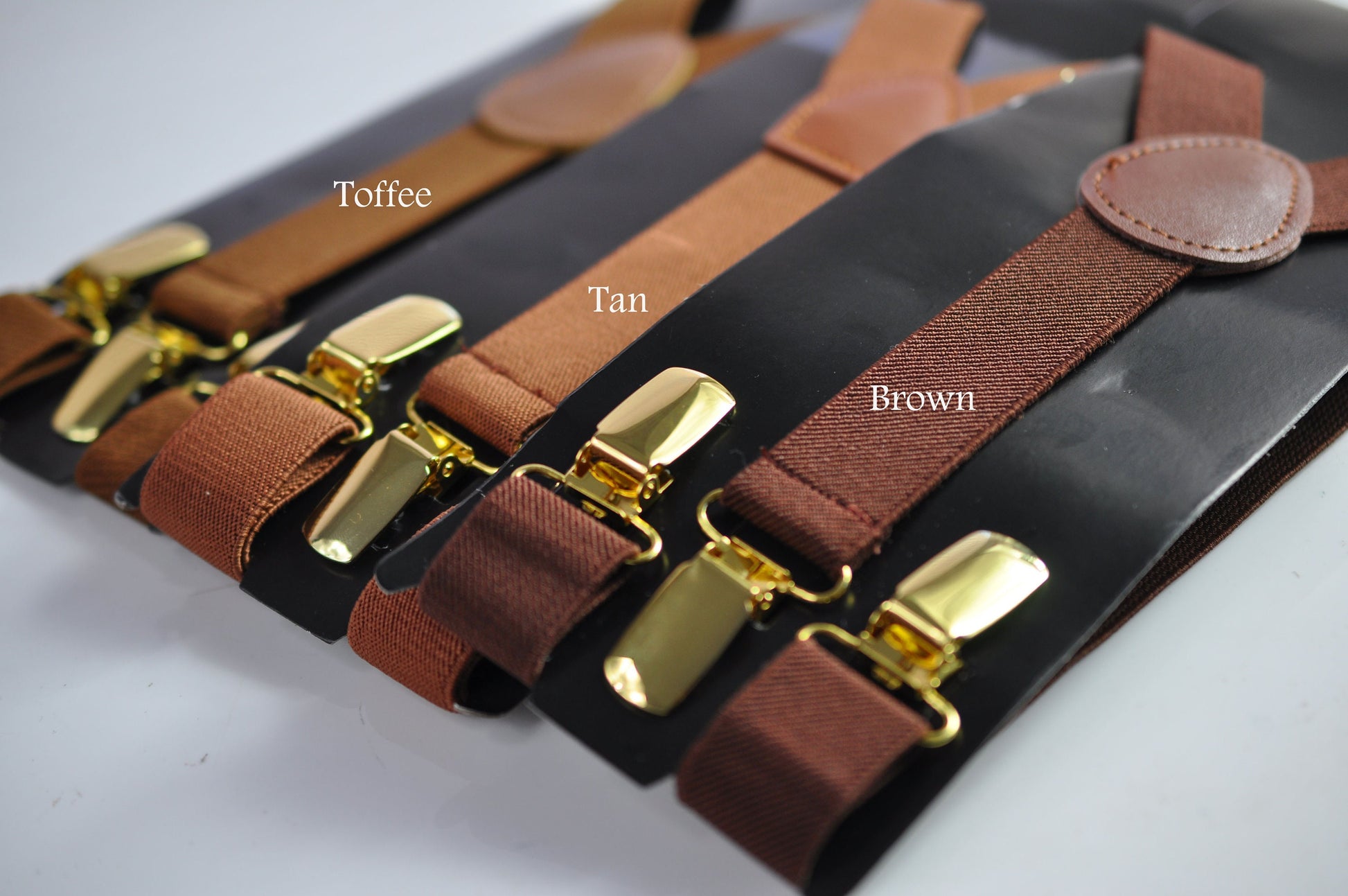 Toffee Tan Brown 25MM Elastic Y-Back Suspenders Braces Golden Gold Color Clips for Men Adult / Youth Teenage / Kids Boy /Toddler Baby Infant