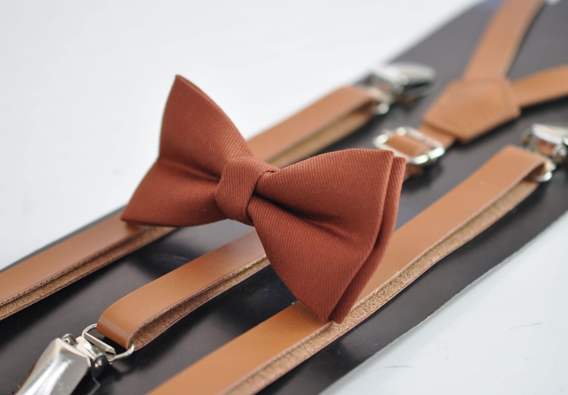 Rust Rusty Brown Pretied Cotton Bow tie + Tan Faux Leather Suspenders for Baby infant toddler / Kids Boy / Youth Teenage