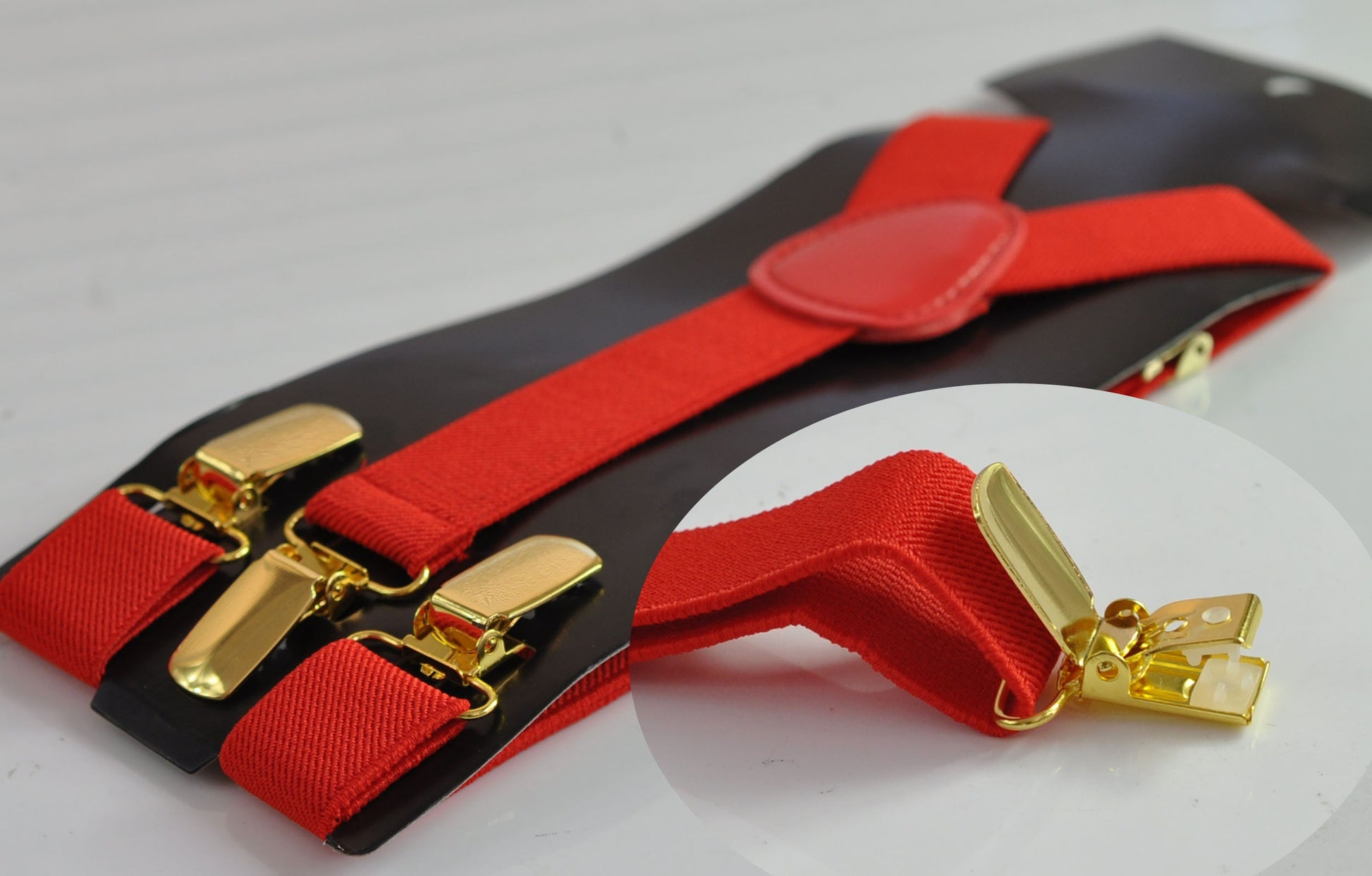 Red 25MM Elastic Y-Back Suspenders Braces Gold Golden Metal Clips for Men Adult / Youth / Kids Boy /Toddler Baby Infant