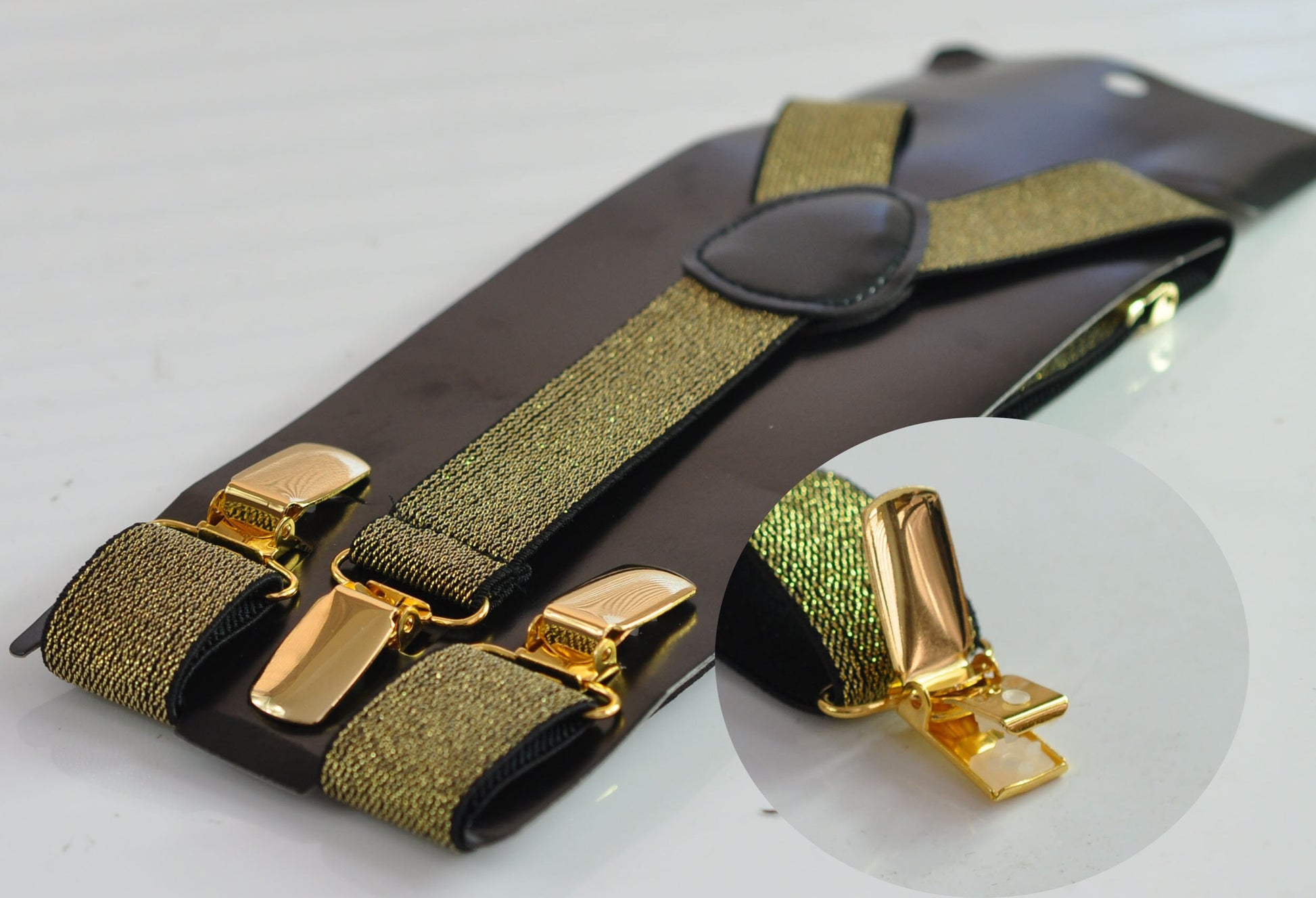 25mm Y-back Gold Golden Black Shining Elastic Suspenders Braces Golden Clips for Men Adult / Youth Teenage / Boy Kids / Baby Infant Toddler