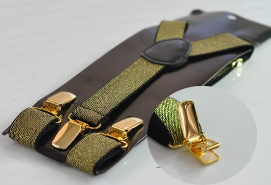 25mm Y-back Gold Golden Black Shining Elastic Suspenders Braces Golden Clips for Men Adult / Youth Teenage / Boy Kids / Baby Infant Toddler