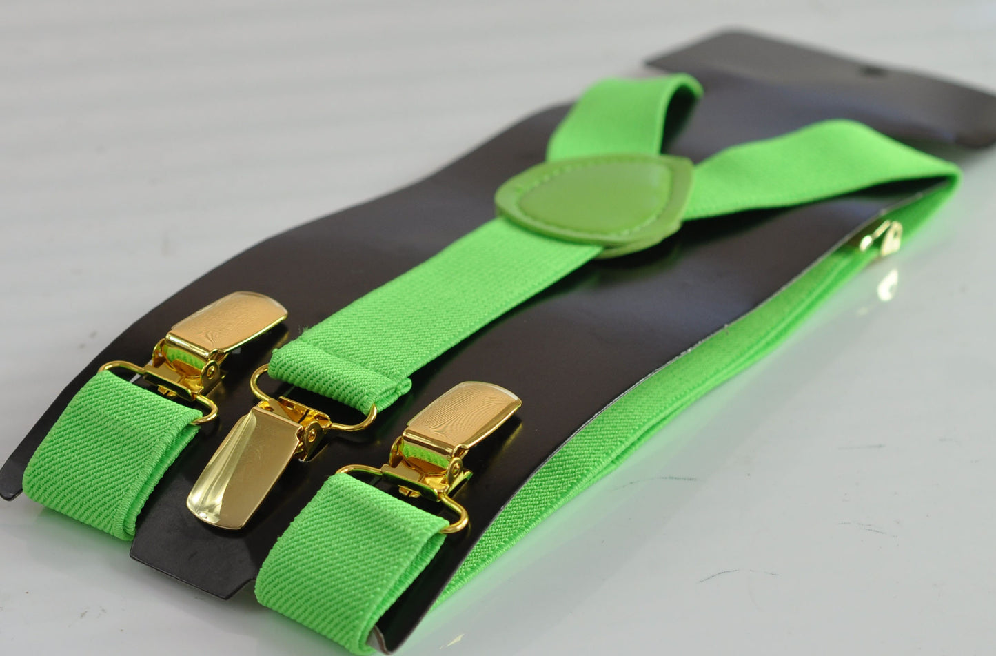 Lime Green Bright Green 25MM Elastic Y-Back Suspenders Braces Gold Golden Metal Clips for Men Adult / Youth / Kids Boy /Toddler Baby Infant