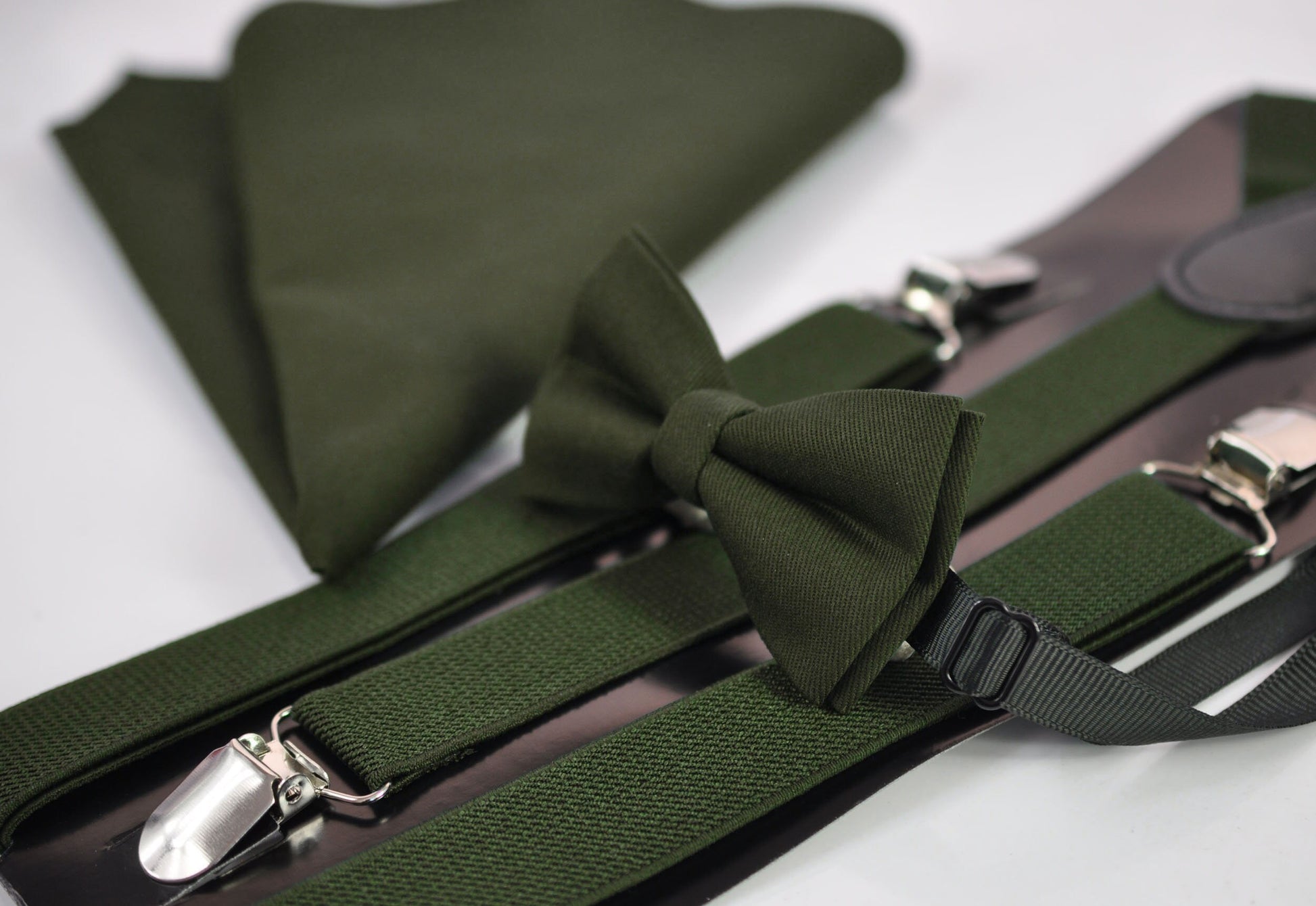 Olive Army Green Cotton Bow tie + Elastic Suspenders Braces + Pocket Square Hanky Handkerchief for Men / Youth / Boys Kids / Baby Infant