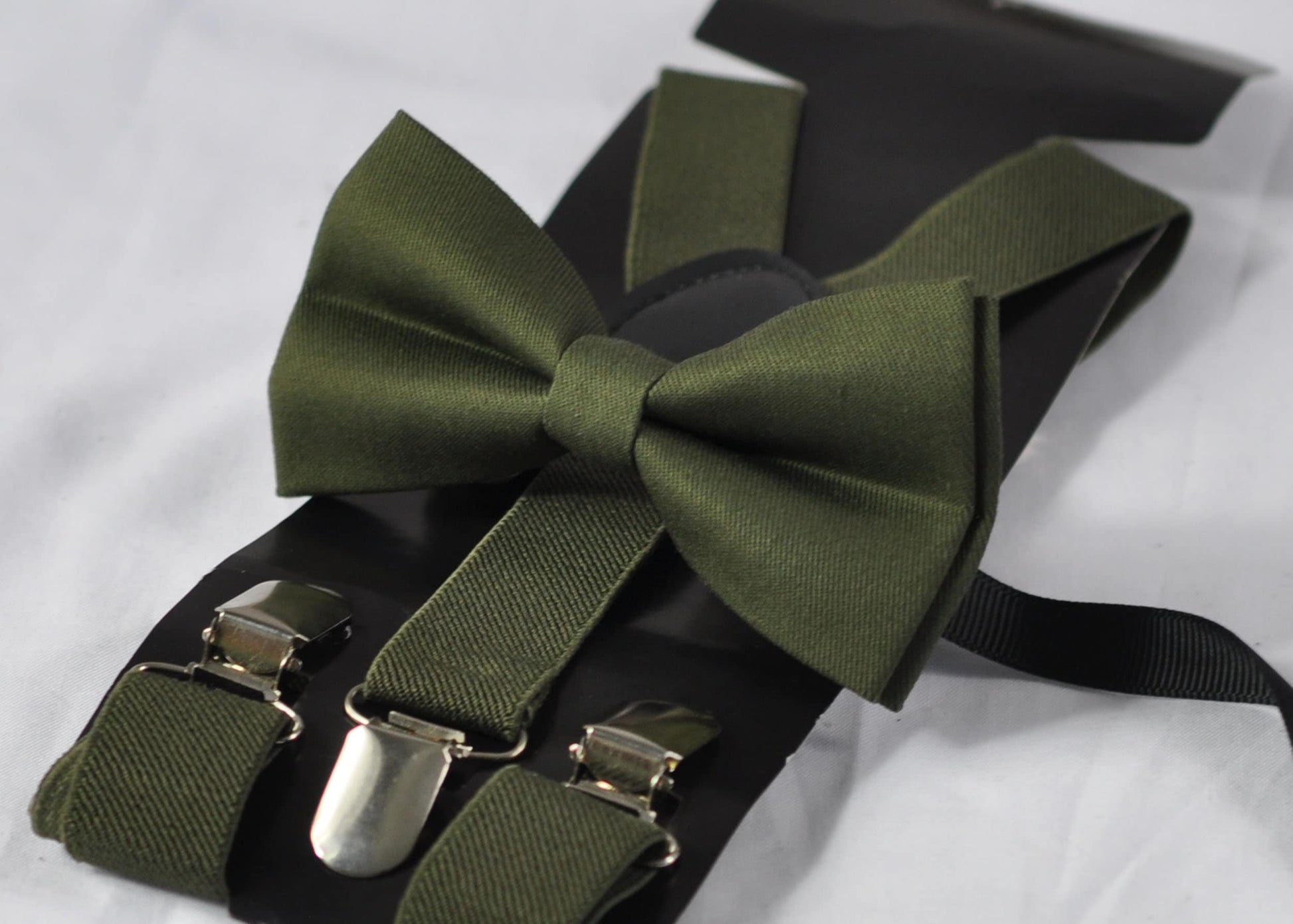 Olive Army Green Cotton Bow tie + Elastic Suspenders Braces + Pocket Square Hanky Handkerchief for Men / Youth / Boys Kids / Baby Infant