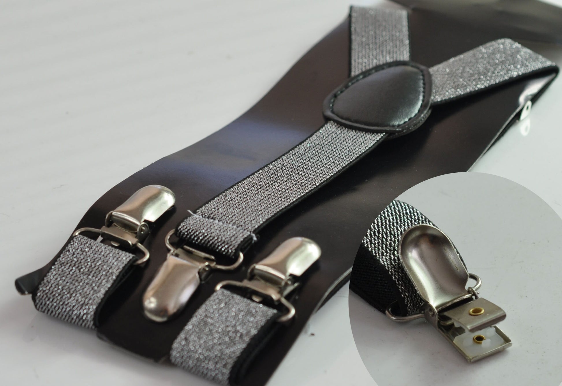 25mm Y-back Silver Black Shining Elastic Suspenders Braces Bronze Clips for Men Adult / Youth Teenage / Boy Kids / Baby Infant Toddler