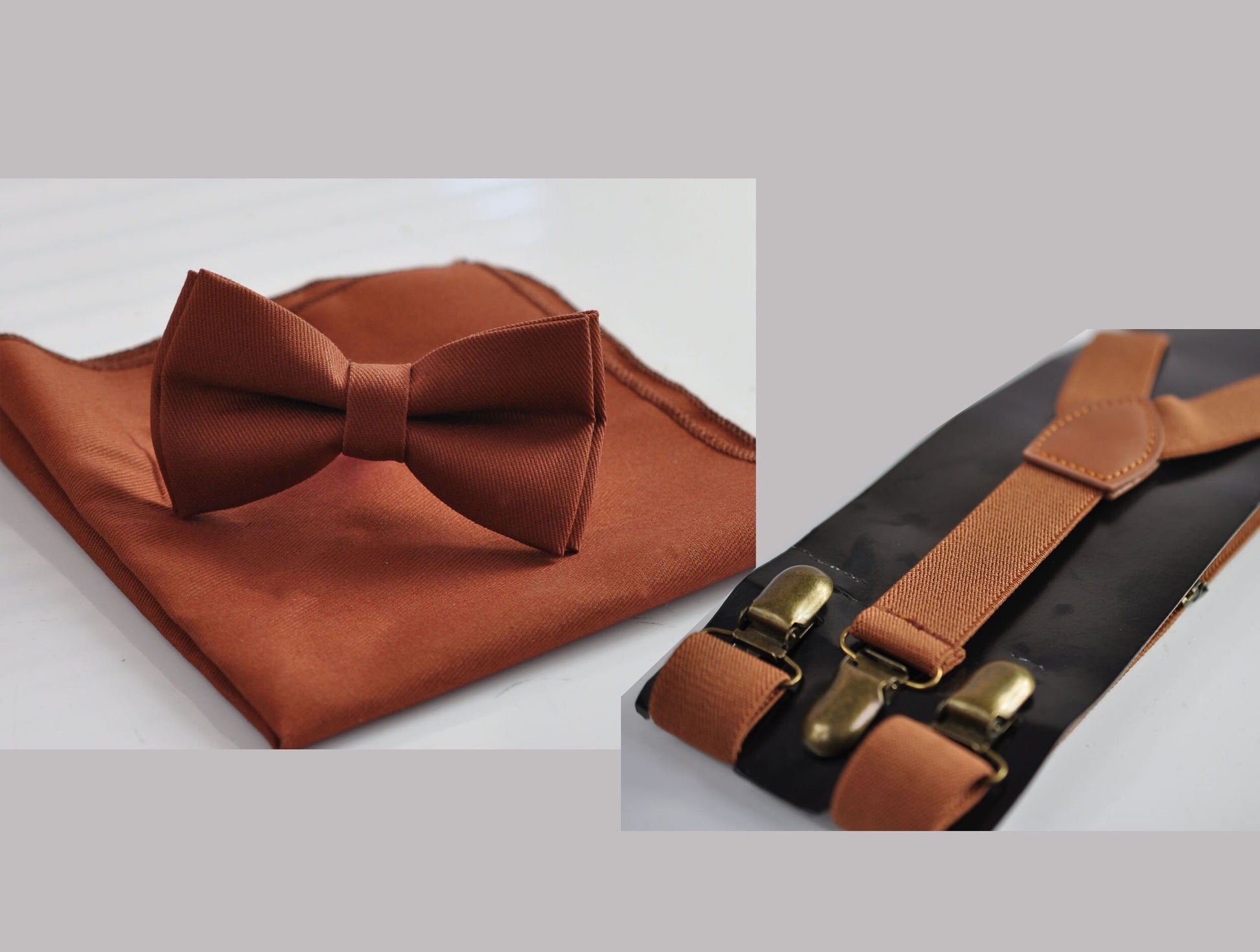 Rust Rusty Brown Cotton Bow tie + Pocket Square Hanky Handkerchief + Tan Elastic Suspenders Bracesfor Men / Youth / Boys Kids / Baby Infant