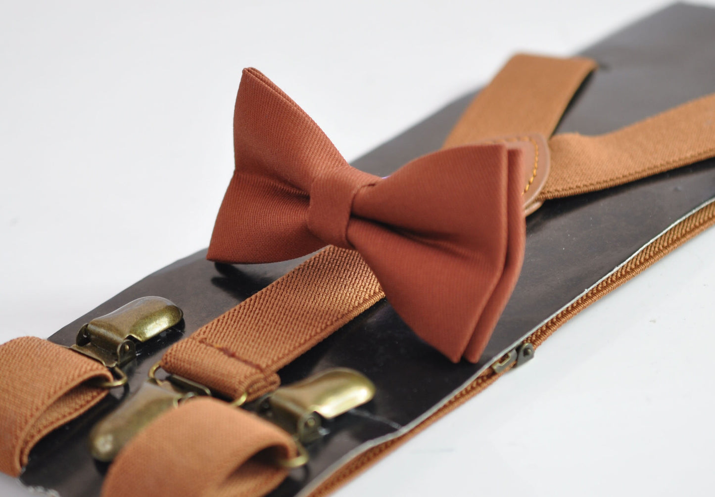 Rust Rusty Brown Cotton Bow tie + Pocket Square Hanky Handkerchief + Tan Elastic Suspenders Bracesfor Men / Youth / Boys Kids / Baby Infant