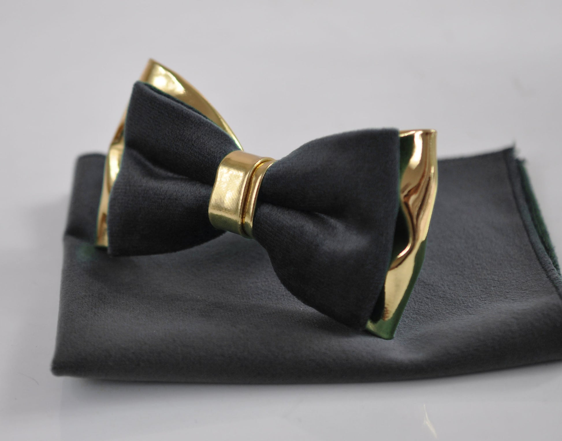 Black Velvet Gold Faux Leather Bow tie Bowtie + pocket Square Hanky Handkerchief Wedding Men / Youth / Boys Kids / Baby Infant Toddler