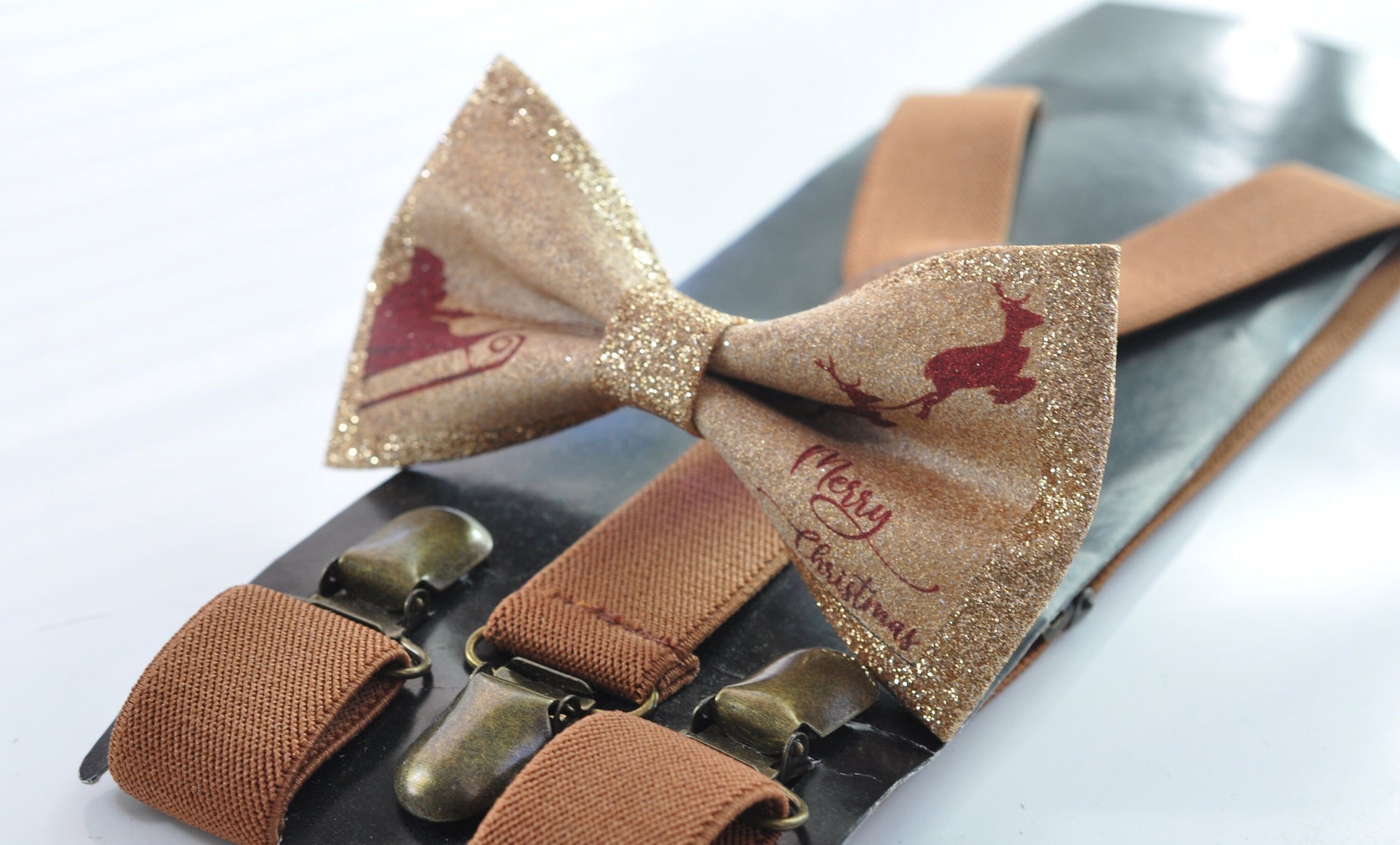 Xmas Christmas Elk Deer Red Santa Rose Gold Leather Bow tie + Tan Brown Suspenders Braces for Men / Youth / Boys Kids / Baby Infant Toddler