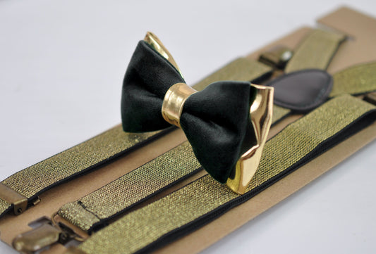 Black Velvet Gold Leather Bow tie+ Gold shining Elastic Suspenders Braces for Men / Youth / Boys Kids / Baby Infant Toddler