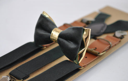 Black Velvet Gold Faux Leather Bow tie + Matched Elastic Tan Faux Leather Suspenders Braces for Baby Infant Toddler / Boy Kids / Youth / Men