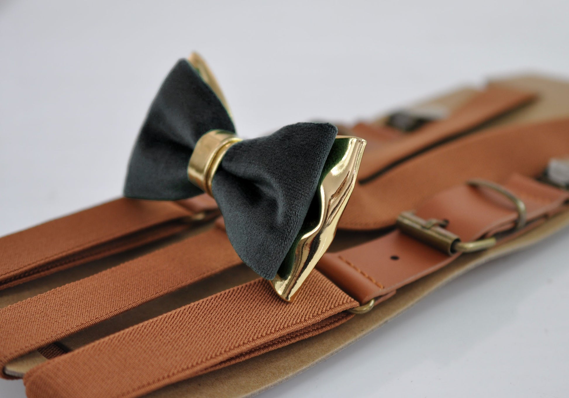 Black Velvet and Gold Leather Bow tie + Tan Brown Elastic Leather Suspenders Braces Men / Youth / Boys Kids / Baby Infant Toddler